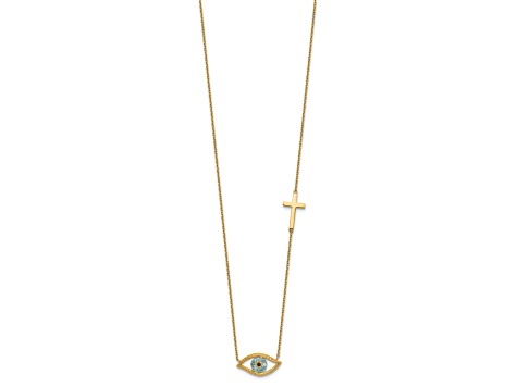 14K Yellow Gold Polished Cubic Zirconia Evil Eye and Cross 18-inch with 2-inch Extension Necklace