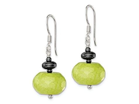 Sterling Silver Polished Green Jadeite and Hematine Dangle Earrings