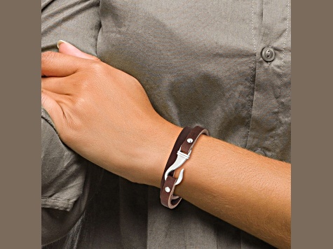 Brown Leather and Stainless Steel Wrap Bracelet
