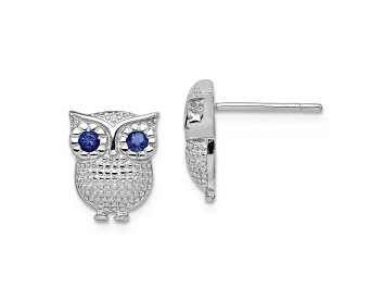 Picture of Rhodium Over Sterling Silver Blue Glass Owl Post Earrings