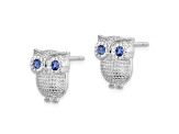 Rhodium Over Sterling Silver Blue Glass Owl Post Earrings