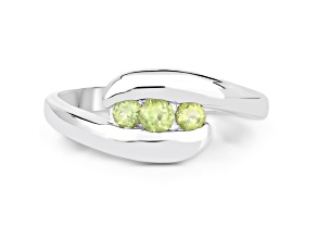 Green Peridot Round Rhodium Over Sterling Silver 3-Stone Bypass Ring