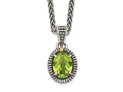 Sterling Silver Antiqued with 14K Accenty Peridot Oval Necklace