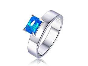 Lab Created Blue Opal Rhodium Over Sterling Silver Offset Solitaire Band Ring