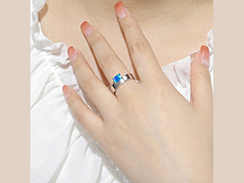 Lab Created Blue Opal Rhodium Over Sterling Silver Offset Solitaire Band Ring