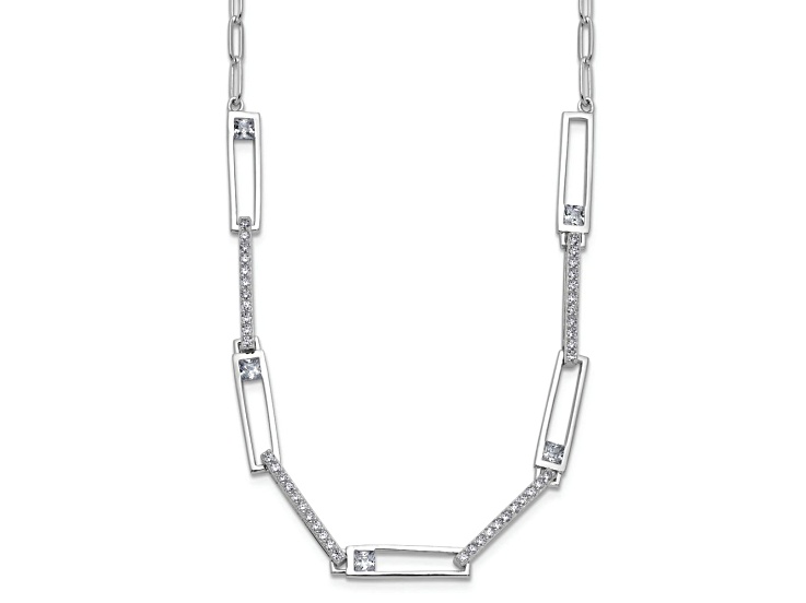 Rhodium Over Sterling Silver Fancy Cubic Zirconia Paperclip Link Necklace
