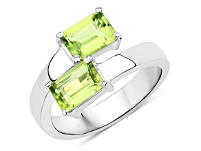 Green Peridot Rectangular Octagonal Rhodium Over Sterling Silver Bypass Ring 2ctw