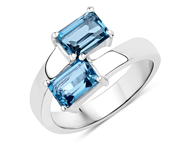 London Blue Topaz Rectangular Octagonal Rhodium Over Sterling Silver Bypass Ring 2.4ctw