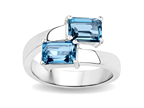 London Blue Topaz Rectangular Octagonal Rhodium Over Sterling Silver Bypass Ring 2.4ctw