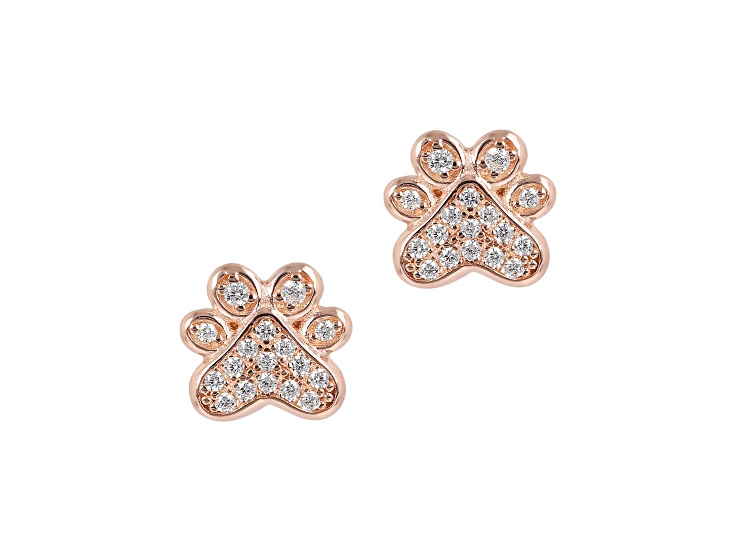 Cubic Zirconia 14k Rose Gold Plated Over 925 Sterling Silver Paw Print Stud Earrings, 0.15 cttw
