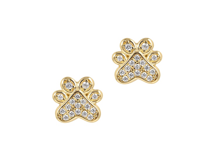 Cubic Zirconia 14k Yellow Gold Plated Over 925 Sterling Silver Paw Print Stud Earrings, 0.15 cttw