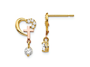 14k Yellow Gold and 14k Rose Gold Cubic Zirconia Children's Cross and Heart Stud Earrings