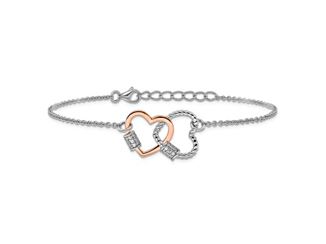 18K Rose Gold Over Sterling Silver Double Heart 7 Inch with 1 Inch Extension Bracelet