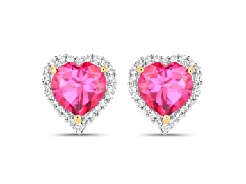 Picture of Pink and White Topaz 18K Yellow Gold Over Sterling Silver Halo Heart Stud Earrings 5.04ctw