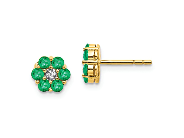 10k Yellow Gold and Rhodium Over 10k Yellow Gold 6mm 0.57ctw Emerald and Diamond Stud Earrings