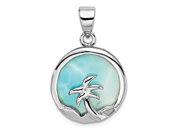 Picture of Rhodium Over Sterling Silver Larimar with Palm Tree Pendant