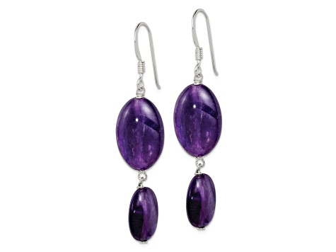 Sterling Silver Polished Amethyst and Dark Purple Jadeite Oval Dangle Earrings