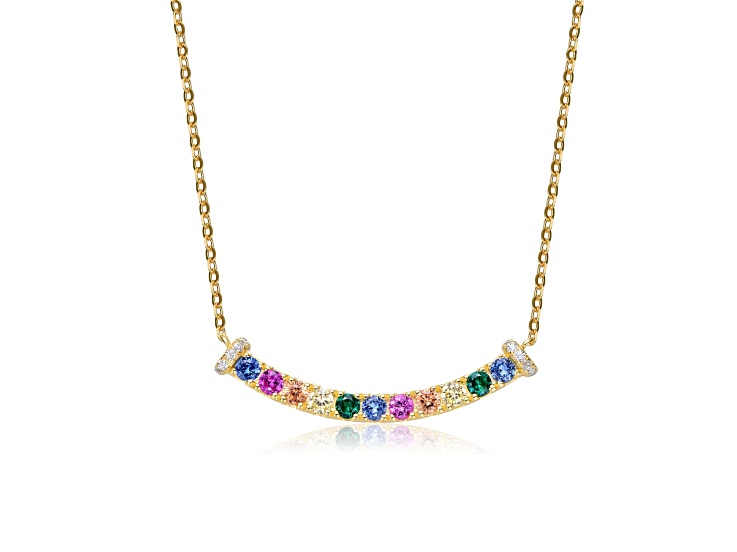 14k Gold Plated Sterling Silver with Multi-Color Cubic Zirconia Bar Necklace