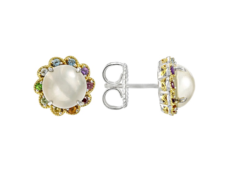White Mabe Pearl Rhodium & 24K Yellow Gold Over Palladium Sterling Silver Earrings 0.30ctw