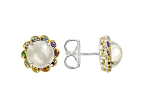 White Mabe Pearl Rhodium & 24K Yellow Gold Over Palladium Sterling Silver Earrings 0.30ctw