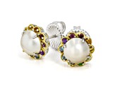 White Mabe Pearl Rhodium & 24K Yellow Gold Over Palladium Sterling Silver Earrings 0.30ctw