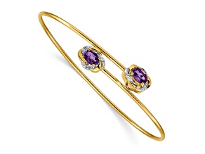 14k Yellow Gold and Rhodium Over 14k Yellow Gold Polished Diamond and Amethyst Flexible Bangle.