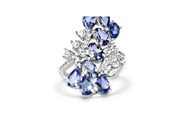 Picture of Rhodium Over Sterling Silver Oval and Pear Shape Tanzanite and White Ziron Ring 4.71ctw