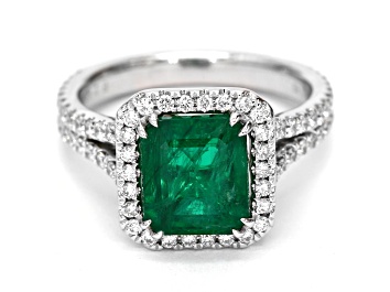 Picture of Emerald Step Cut Green Emerald and White Diamond 18K White Gold Ring. 3.48 CTW