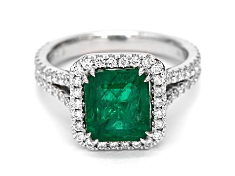 Emerald Step Cut Green Emerald and White Diamond 18K White Gold Ring. 3.48 CTW