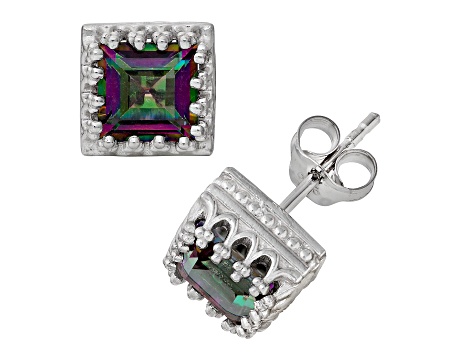Princess Cut Mystic Fire Green Topaz Sterling Silver Stud Earrings 2.30ctw