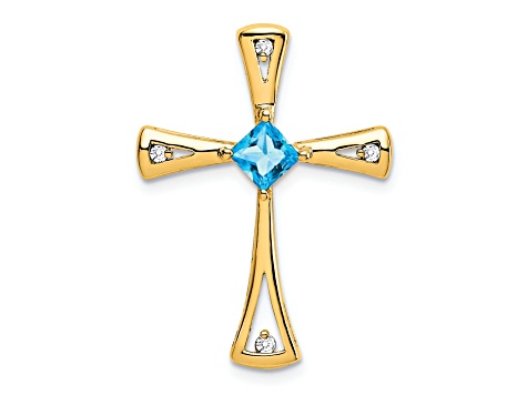 14k Yellow Gold Blue Topaz and Diamond Cross Chain Slide Pendant