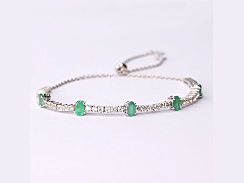 Oval Emerald and White Zircon Sterling Silver Bolo Bracelet