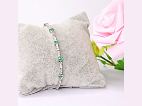 Oval Emerald and White Zircon Sterling Silver Bolo Bracelet