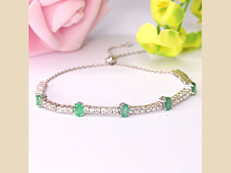 Oval Emerald and White Zircon Sterling Silver Bolo Bracelet
