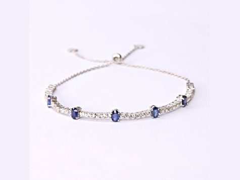 Oval Sapphire and White Zircon Sterling Silver Bolo Bracelet