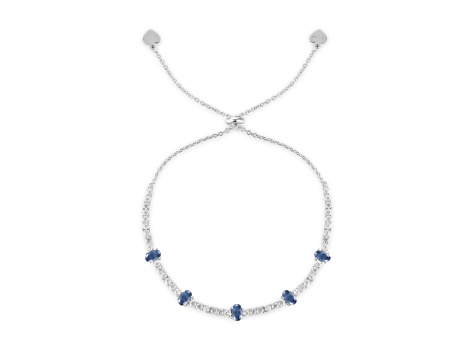 Oval Sapphire and White Zircon Sterling Silver Bolo Bracelet