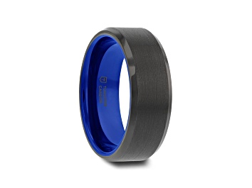 Picture of RIGEL Flat Beveled Edges Black Tungsten Ring with Brushed Center and Vibrant Blue Ceramic Inside 8mm