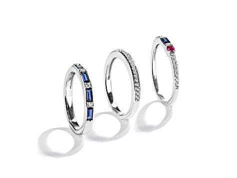 Star Wars™ Fine Jewelry R2 Series Sapphire, Diamond & Garnet Rhodium Over Silver 3 Ring Set 0.70ctw