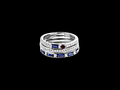 Star Wars™ Fine Jewelry R2 Series Sapphire, Diamond & Garnet Rhodium Over Silver 3 Ring Set 0.70ctw