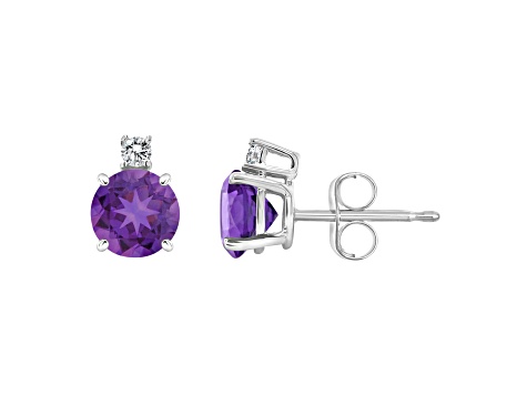 5mm Round Amethyst with Diamond Accents 14k White Gold Stud Earrings