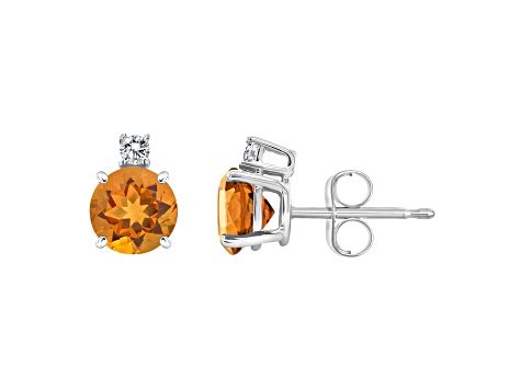 5mm Round Citrine with Diamond Accents 14k White Gold Stud Earrings