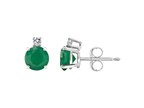 5mm Round Emerald with Diamond Accents 14k White Gold Stud Earrings