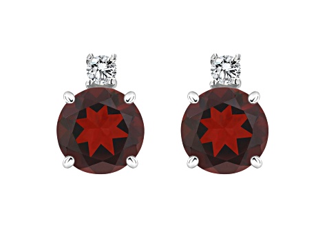 5mm Round Garnet with Diamond Accents 14k White Gold Stud Earrings