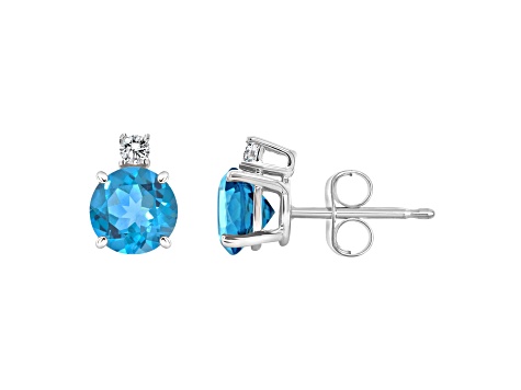 5mm Round Blue Topaz with Diamond Accents 14k White Gold Stud Earrings