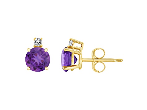 5mm Round Amethyst with Diamond Accents 14k Yellow Gold Stud Earrings