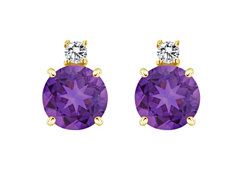 5mm Round Amethyst with Diamond Accents 14k Yellow Gold Stud Earrings