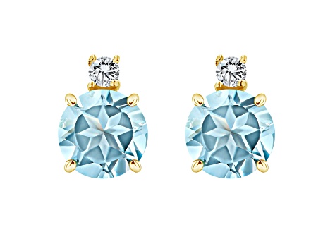 5mm Round Aquamarine with Diamond Accents 14k Yellow Gold Stud Earrings