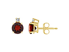 5mm Round Garnet with Diamond Accents 14k Yellow Gold Stud Earrings