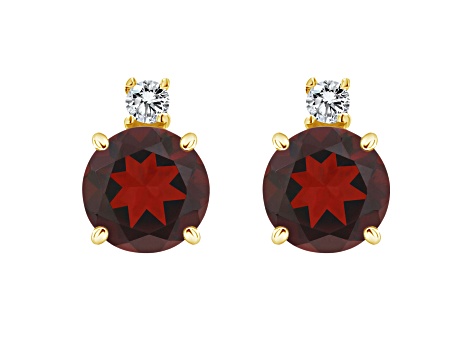 5mm Round Garnet with Diamond Accents 14k Yellow Gold Stud Earrings
