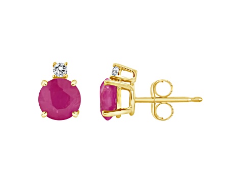 5mm Round Ruby with Diamond Accents 14k Yellow Gold Stud Earrings